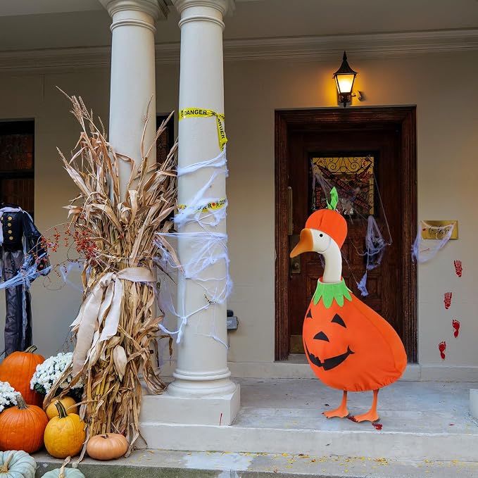 Halloween Goose Outfit Pumpkin Goose Costume Cute Goose Clothes Porch Goose Outfits for Cement Goose Halloween Outdoor Patio Yard Lawn Statueart Goose Duck Decoration