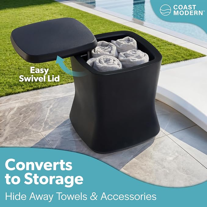 Coast Modern Outdoor Side Table Cooler- 2 in 1 Patio Decor Storage Table & Ice Chest - 25 QT - White, Gray, Sand, Stone Blue, Black