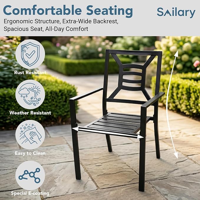 7 Pieces Patio Dining Set for 6, Large 60" Outdoor Metal Table with Universa Umbrella Hole & Stackable Iron Chairs, Patio Furniture Set for Deck, Backyard, Yard, Porch