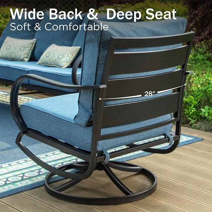 PHI VILLA 4 Piece Patio Furniture with FirePit Table, Metal Outdoor Furniture Set with 3-Seat Wide Deep Seating Bench & 2 x Swivel Sofa Chairs, Outdoor Conversation Set for 5, Navy Blue
