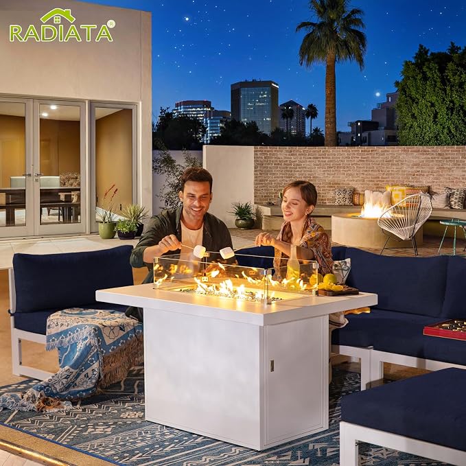 RADIATA 7 Piece Extra Large Modern Aluminum Outdoor Sofa with Fire Pit Table, 29" Deep Wide Seat, 500 lbs Durable Sectional Set for Heavy People, Anti-Rust Patio Furniture Set for Backyard, Navy Blue