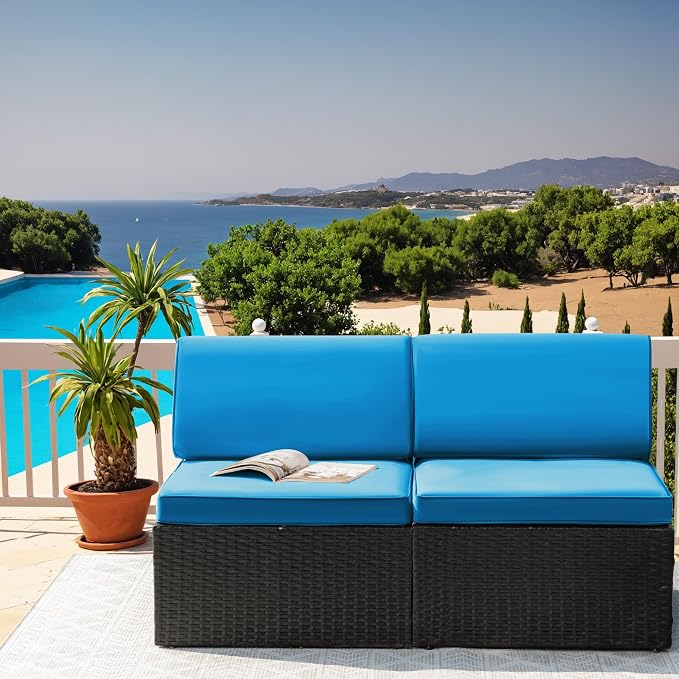 Greesum 2 Piece Patio Conversation Set Wicker Rattan Furniture Outdoor Sofa with Cushions,Pillows for Porch,Lawn and Yard, Blue