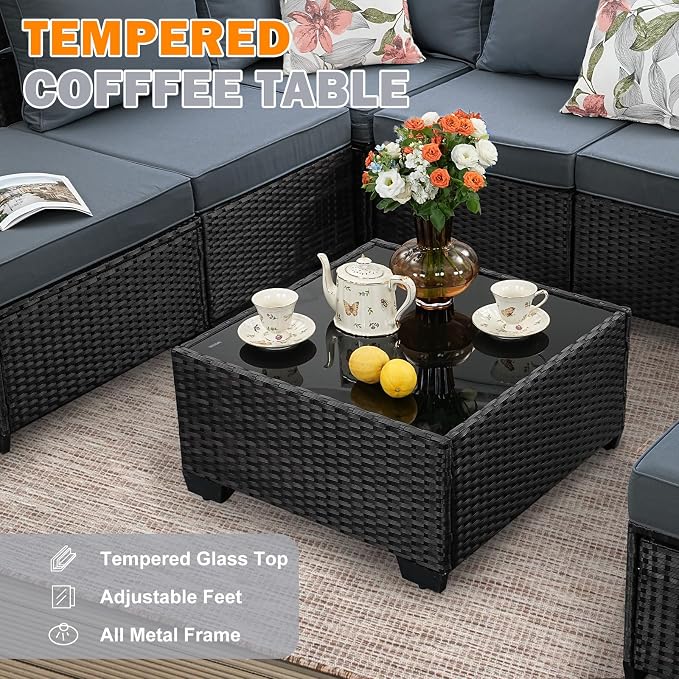 6 Pieces Patio Furniture Set, Wicker PE Rattan Outdoor Sectional with Cushion & Coffee Table, Patio Conversation Sofa for Garden, Backyard, Poolside, Grey