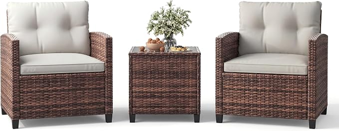 Garvee 3 Piece PE Rattan Patio Furniture Set, Outdoor Chairs and Table Set with Tempered Glass Tabletop and Cushions, Patio Conversation Set for Patio, Balcony, Poolside, Brown and Beige