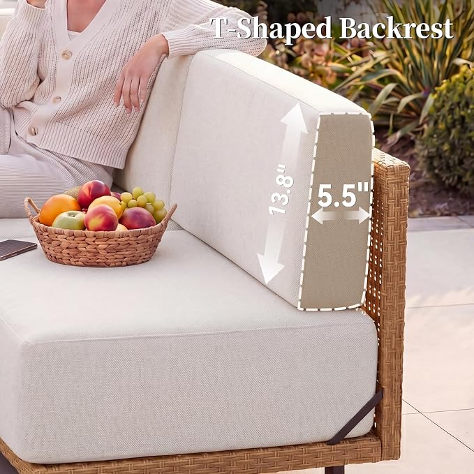 LazySunsets Patio Furniture Set, Wicker Outdoor Sectional Sofa with 10'' Ultra-Thick Cushions & Ottomans, All-Weather Rattan Conversation Set for Backyard Poolside, Yellow/Beige 8 Pieces