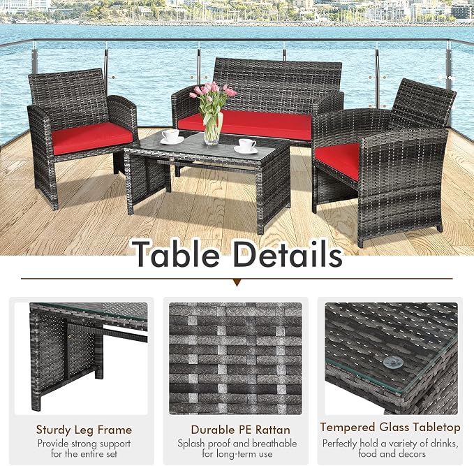 Outdoor Conversation Set, 8 Pieces Wicker Patio Chair Set with Ergonomic Curved Design, Water-Resistant Cushion & Tempered Glass Table for Porch, Poolside (Red)