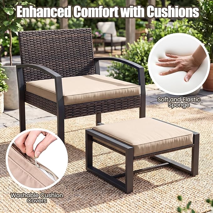 Tangkula 5 Pieces Wicker Patio Conversation Set, Outdoor PE Rattan Chair with Ottoman Set with Glass Side Table, 2-Person Small Balcony Furniture Seating Set with Cushions for Porch, Backyard, Deck