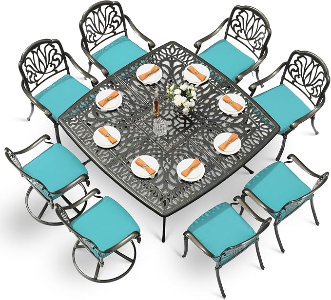 VIVIJASON 9-Piece Outdoor Furniture Dining Set, Cast Aluminum Patio Table and Chairs Set with 6 Stationary Chairs, 2 Swivel Rocker Chairs, 64" Large Square Dining Table, Umbrella Hole, Ocean Blue