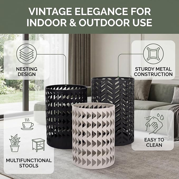 Round Coffee End Tables Set of 3 for Home Office Indoor Garden Outdoor | Multifunctional Nesting Outdoor Side Table, Modern Furniture Nightstands Decor Side Tables Plant Stand Metal Black and Gray