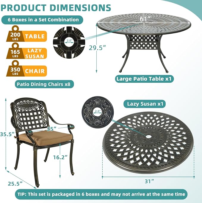 MEETWARM 9-Piece Outdoor Dining Set, All Weather Cast Aluminum Patio Table and Chairs Set with 8 Cushioned Chairs, 61" Round Patio Dining Table with Detachable Lazy Susan, 2" Umbrella Hole,Dark Bronze