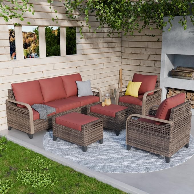COOS BAY Modern Wicker Outdoor Furniture Set, 5 Piece Patio Conversation Set with 2 Patio Chairs, a 3 Seat Couch and 2 Ottomans, 5 Piece, Brown/Red