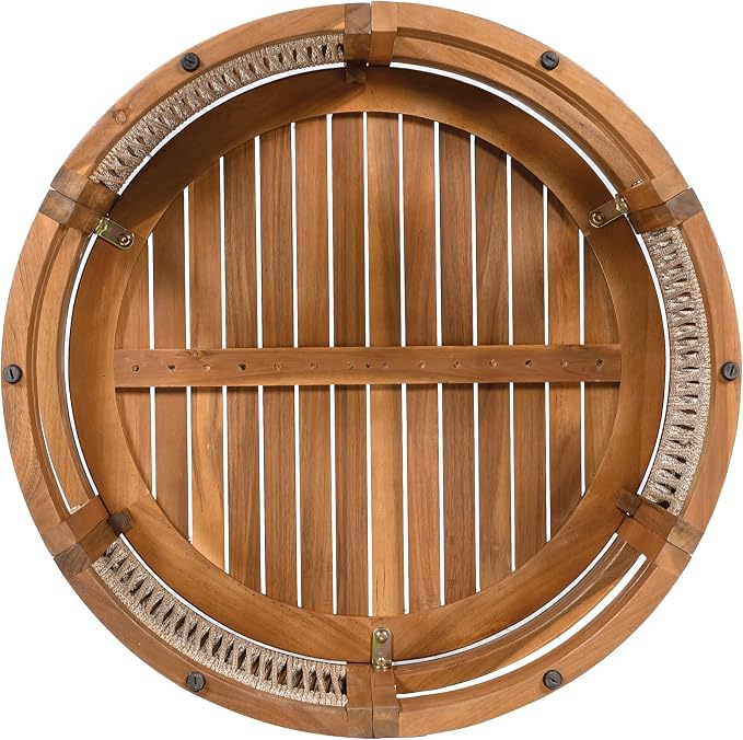 GDFStudio 27.95" Acacia Wood Outdoor Coffee Table, Handwoven Rope Accents, All-Weather Resistant Boho Patio Table with Elegant Slatted Design for Garden, Poolside, Deck, Patio Spaces, Teak
