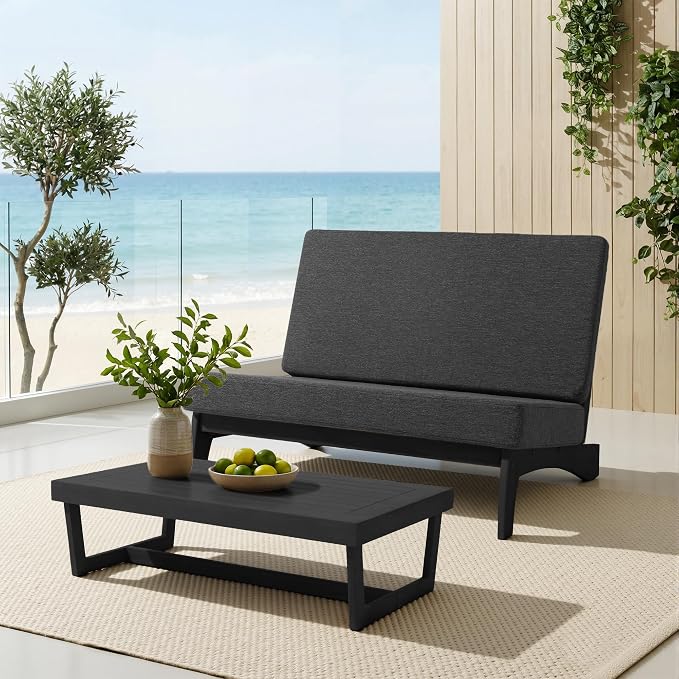 Outdoor Furniture Patio Couch, Weather Resistant Patio Loveseat Sofa Couch with Removable Cushion, Black Wood Frame for Porch & Backyard Seating - Dark Gray