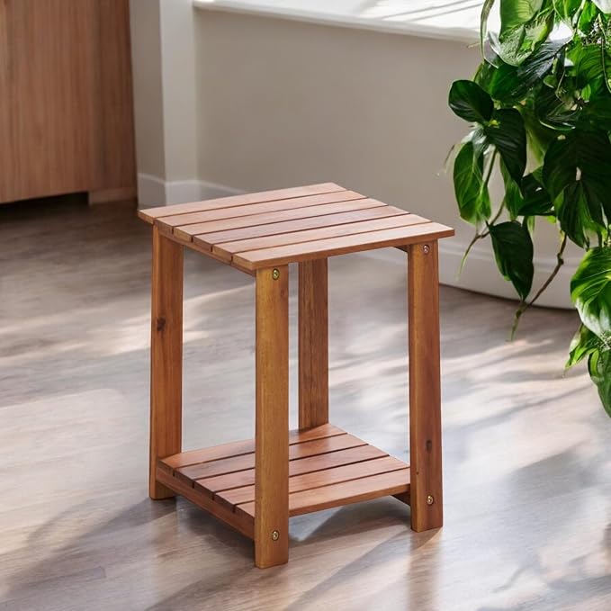 Patio Wise Square Acacia Wood Side Table, 2-Tier Indoor/Outdoor Wooden Accent Tables, Deck, Balcony, Porch, & Patio Furniture, 15-Inches Long x 15-Inches Deep x 17-Inches High, Teak