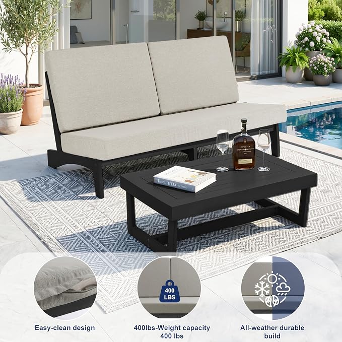 Pia Ricoo 1-Piece Patio Furniture Set, Outdoor Loveseat with 4.5-Inch Thick Cushions, All-Weather Outdoor Sofa for Backyard, Deck, Lawn - Light Camel/Dark (Split Back)