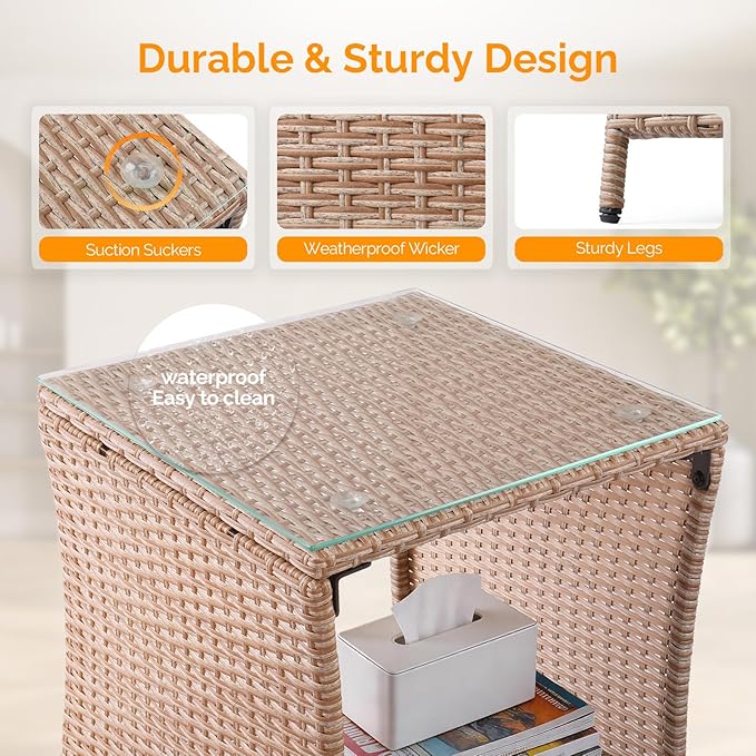 VINGLI Outdoor Wicker Side Table Patio Side Tables for Outside, Tempered Glass Top Wicker Table with Storage End Table for Balcony Porch Deck (Natural)