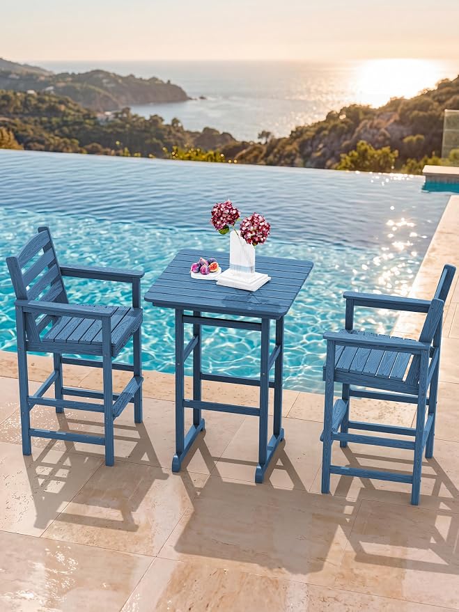 SERWALL Tall Adirondack Chairs Set of 2, Balcony Adirondack Chairs Set, Outdoor Bar Height Widened Chair Set for Bistro, Poolside, Garden, Blue