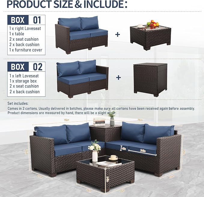 Valita Wicker Patio Furniture Set 4 Pieces Outdoor Sectional Conversation Sofa Set with Storage Box and Glass Table with Cushions and Furniture Covers, Navy Blue