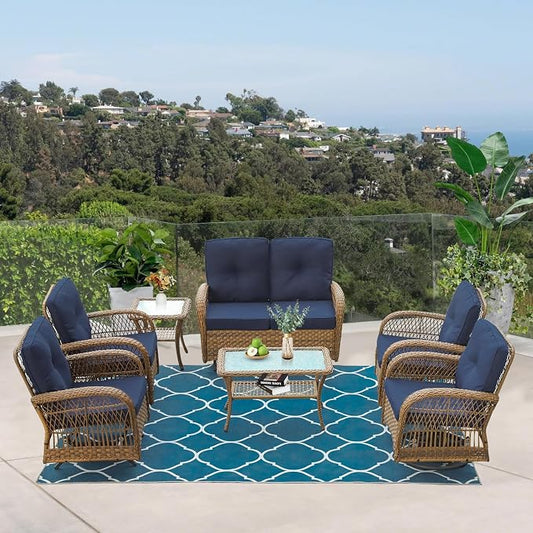 VIVIJASON 7-Piece Outdoor Patio Wicker Conversation Sets, All Weather Outdoor Rattan Furniture Set Includes Glider Loveseat, 2 Glider Rocker Chairs, 2 Swivel-Gliders Chairs, 2 Coffee Table, Navy Blue