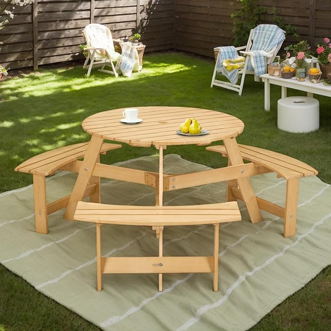 6 Person Wood Dining Table, Outdoor Round Picnic Table with 3 Built-in Benches, Umbrella Hole, Outside Patio Backyard Table and Bench Set, 500lbs Capacity Per Bench (Oak)