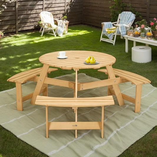 6 Person Wood Dining Table, Outdoor Round Picnic Table with 3 Built-in Benches, Umbrella Hole, Outside Patio Backyard Table and Bench Set, 500lbs Capacity Per Bench (Oak)