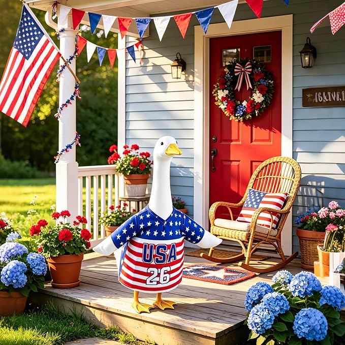 4th of July Patriotic Goose Outfit, USA Soccer Jersey Style Shirt for 23 Inch Porch Goose Statue, Stars and Stripes American Flag Clothes for Independence Day, Outdoor Garden Lawn Decor