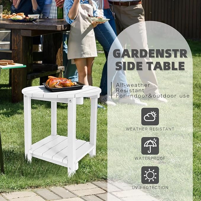 GARDENSTAR Adirondack Round Outdoor Side Table 2-Tier Storage Patio Side Table, HDPE End Tables for Backyard Pool Porch Garden Lawn (White)