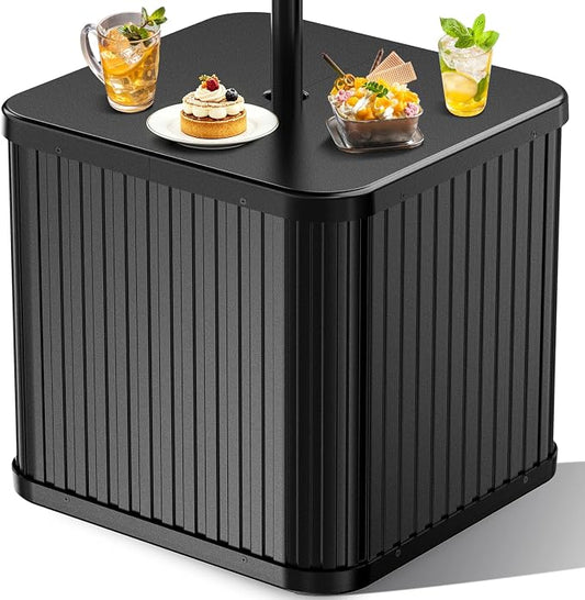 Umbrella Side Table - Hyperzoo Outdoor Patio Table with Umbrella Hole, Heavy Duty Plastic Poolside Table Holds 132 lbs with Water Filled Base, Fits ≤1.5”Umbrella Pole for Poolside & Backyard, Black