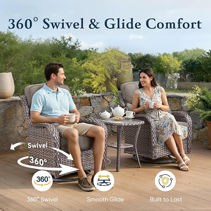 Belord Luxury 6" Thick Cushioned 7 Pieces Patio Furniture Set with Fire Pit Table, Wicker Outdoor Conversation Set with High Back Swivel Rocker Chairs for Deck Porch Yard and Poolside - Brown+Grey
