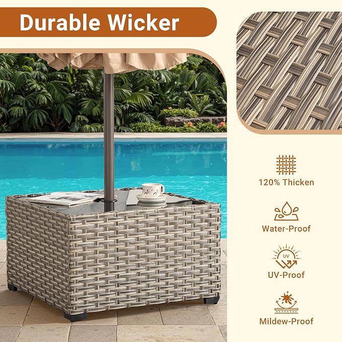 HOOOWOOO Outdoor Patio Side Table with Umbrella Hole,Wicker Coffee End Table Glass Top,Umbrella Table with 1.64" and 2" Hole for Yard,Deck,Porch,Garden(Rectangle Brown)