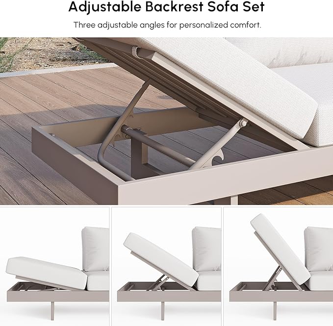 homary Outdoor Conversation Sets Ideal for Patios, Light Gray | 4 Piece Aluminum & Teak Patio Sectional Sofa Set with Adjustable Backrests, Waterproof Cushions
