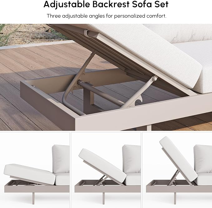 homary 4-Piece Modular Outdoor Sofa Set, Aluminum & Teak Patio Conversation Set with 600D Waterproof Covers, Adjustable Backrests, Fade-Resistant Cushions for Patio, Balcony, Deck
