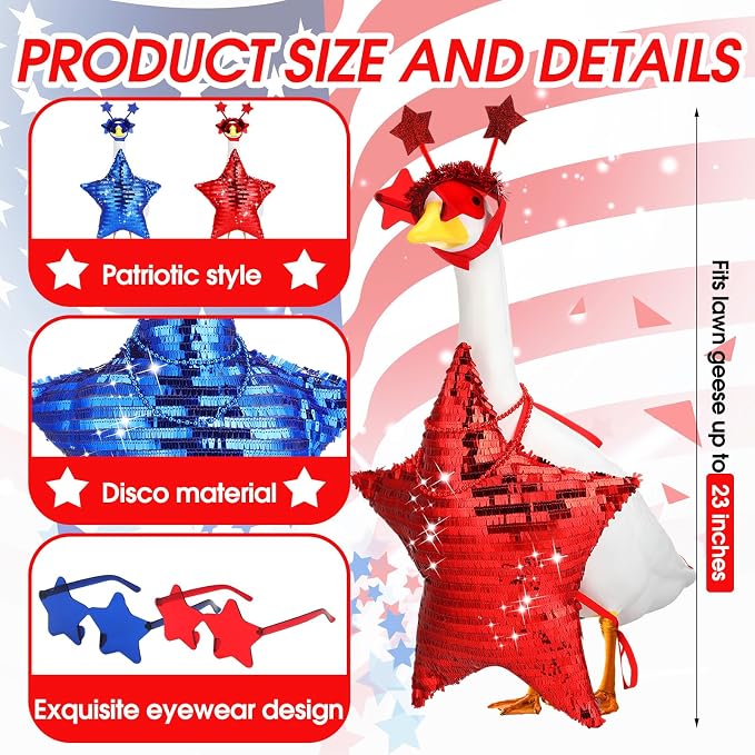 Abbylike 2 Set 4th of July Porch Goose Outfit 250th Red Blue Disco Sequin Star Yard Goose Costume Clothes Fits Large 23'' Cement for Independence Day American Patriotic Statue Patio Garden Art Decor