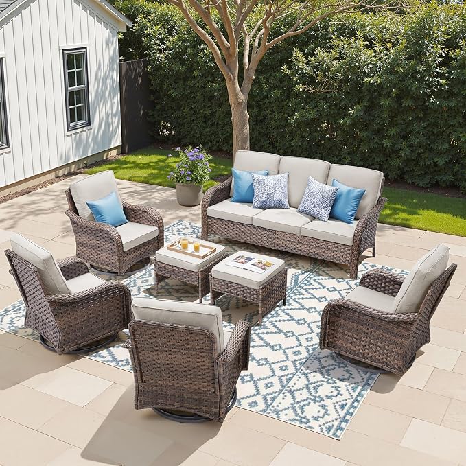 7 PCS Patio Furniture Set, Outdoor Wicker Sofa & 4 Swivel Rocking Chairs with 2 Ottomans, 4-Inch Thick Olefin Cushions, 300 lbs Capacity Rattan Conversation Set for Porch, Beige