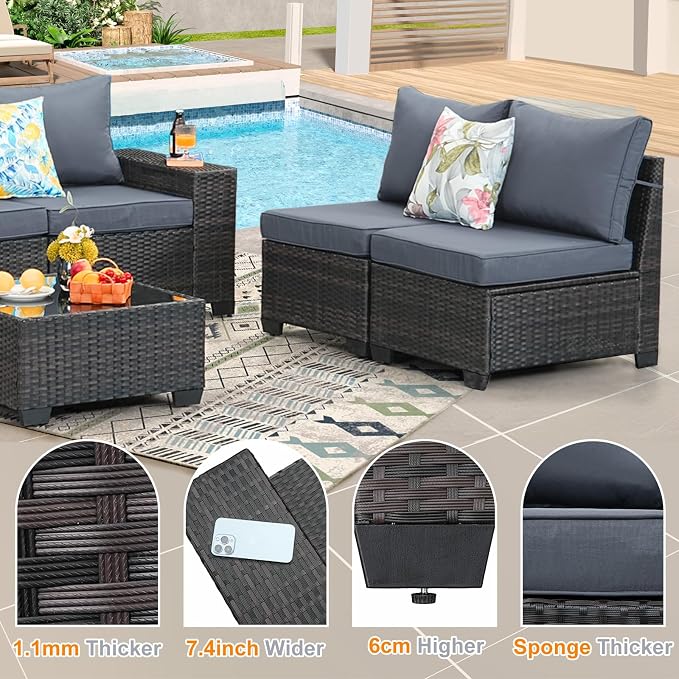 8 Pieces Patio Furniture Set, Wicker PE Rattan Outdoor Sectional with Cushion & Coffee Table, Patio Conversation Sofa for Garden, Backyard, Poolside, Grey