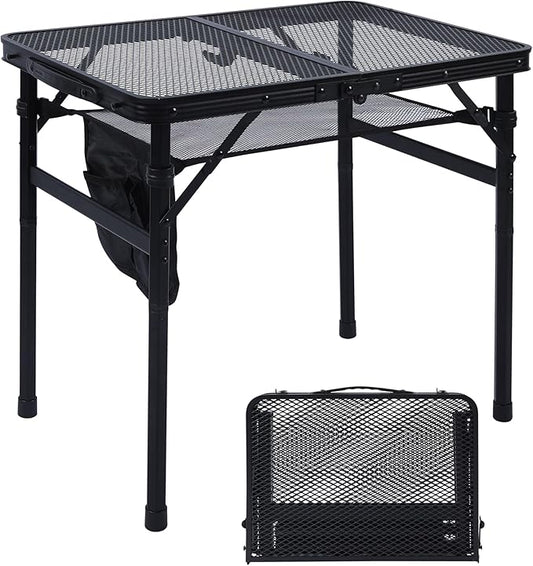 JOUYEK Camping Table, 2x1.3 FT Portable Folding Grill Table, Lightweight Height Adjustable Metal Tables with Mesh Desktop and Mesh Bag, Outdoor Tables for Camping, Picnic, Beach and BBQ, Black