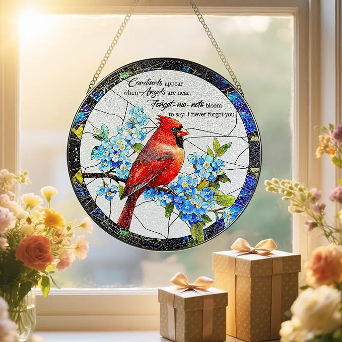 Cardinal Stained Glass Window Hanging, 8 Inch Sun Catchers Indoor Window, Suncatchers for Windows Hanging, Home Decor and Memorial Gift, Sympathy Gift, Cardinal Gifts, in Memory of Loved One Gifts