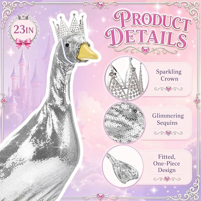 Silver Sequin Porch Goose Outfit with Crown for 23 Inch Lawn Geese, Sparkly Princess Porch Goose Dress Clothes for Party, Birthday, New Year, Patio Yard Garden Decor