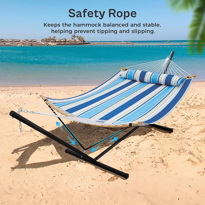 SUPERJARE Curved-Bar Hammock with Stand, 2 Person Heavy Duty Hammock Frame, Detachable Pillow & Portable Carrying Bag, Perfect for Outdoor & Indoor, Holiday Voyage Stripe