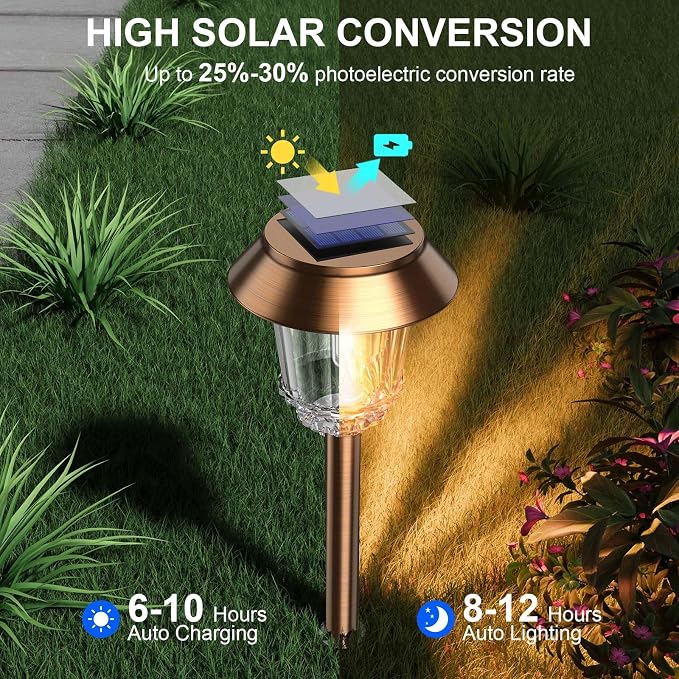 XMCOSY+ Solar Pathway Lights Outdoor, 6 Pack Solar Light Outdoor Waterproof | Stainless Steel & Aluminum 10-40LM Dimmable Warm White for 12H, IP65 Solar Powered Auto On/Off Outdoor Light for Yard Garden