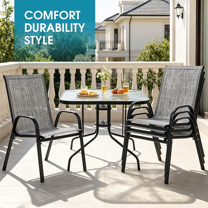 5 Piece Patio Dining Set with Wider 24.4" Stackable Chairs, Outdoor Dining Set for 4 with 36"*36" Table, Black Metal Frame and Gery Textilene