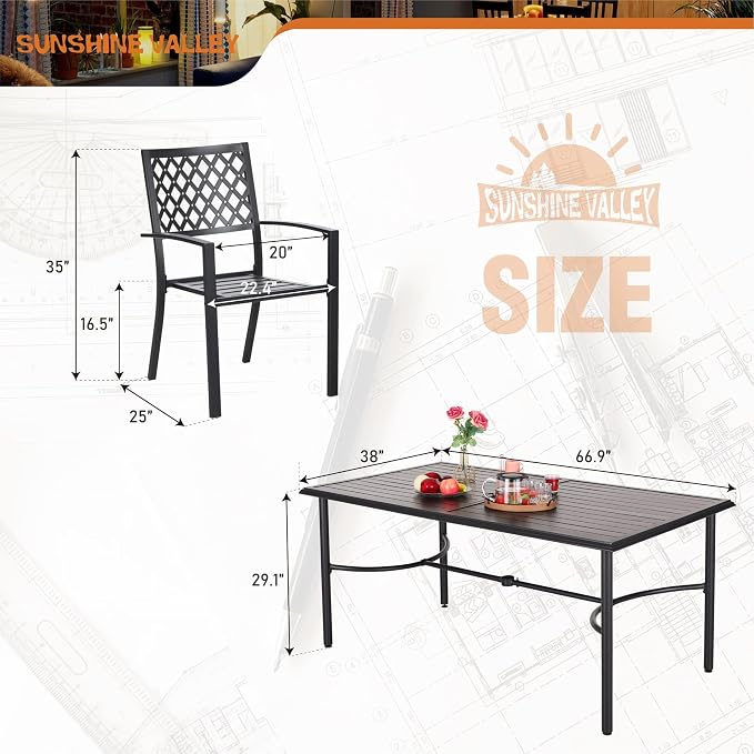 SUNSHINE VALLEY Patio Dining Set,Wood-Like Metal Table w/Umbrella Hole | 60x36 Metal Table&6 Pcs Rust-Proof Stackable Chairs, Outdoor Table and Chairs Set for Backyard Garden Deck