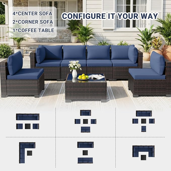 LAFWLL 7 Pieces Outdoor Patio Furniture Sets,Rattan Conversation Sectional Set,Manual Weaving Wicker Patio Sofa with Tea Table