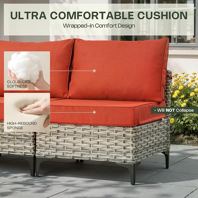 11 Piece Patio Furniture Set Outdoor Sectional with 54" Fire Pit Table, Wicker Swivel Rocking Chairs and L-Shaped Rattan Couch, Modular Conversation Set with Solar Coffee Table for Backyard, Red