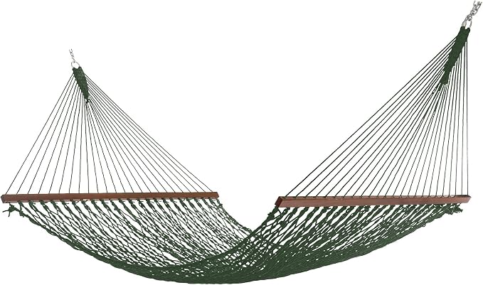 Hatteras Hammocks Deluxe Green DuraCord Rope Hammock – 13 ft. x 60 in., 2-Person, 450 lb Capacity, Cumaru Spreader Bar, Zinc-Plated Hardware – Handcrafted in The USA