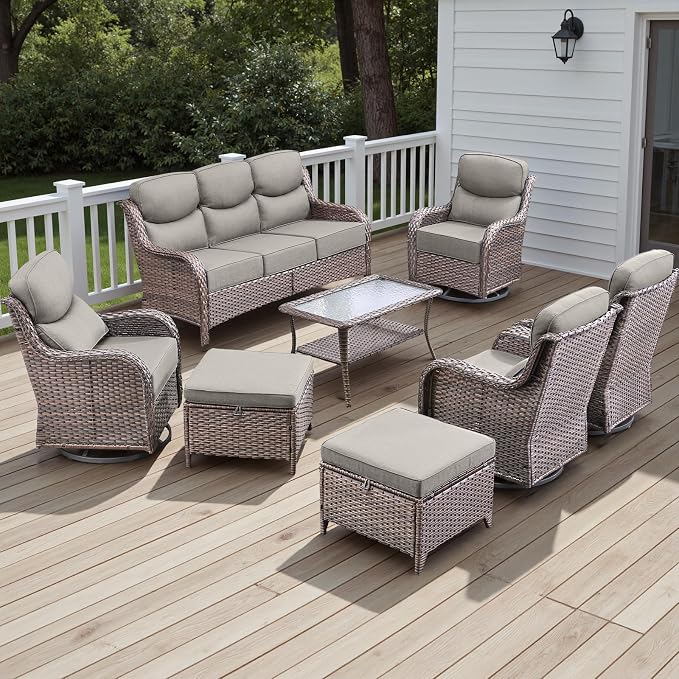Rilyson Wicker Outdoor Patio Furniture Set - 8 Piece Patio Conversation Sets with Swivel Rocker Chairs, Ottomans, Sofa and Table, 6 inch Cushions, Deep Seating, for Porch Deck Brown/Beige