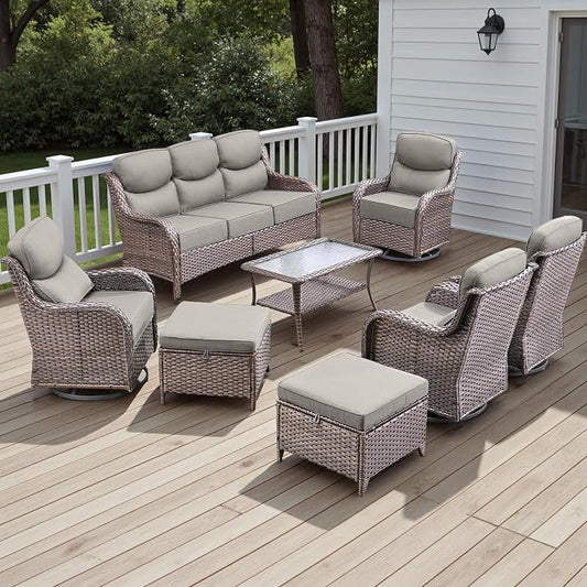 Rilyson Wicker Outdoor Patio Furniture Set - 8 Piece Patio Conversation Sets with Swivel Rocker Chairs, Ottomans, Sofa and Table, 6 inch Cushions, Deep Seating, for Porch Deck Brown/Beige