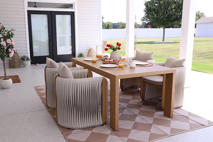 PURPLE LEAF Outdoor Dining Set for 4 with Blended Olefin Cushion Aluminum Luxury Patio Furniture Table and Chairs Set All Weather Wicker Patio Dining Sets for Backyard Garden Deck Pool, Teak