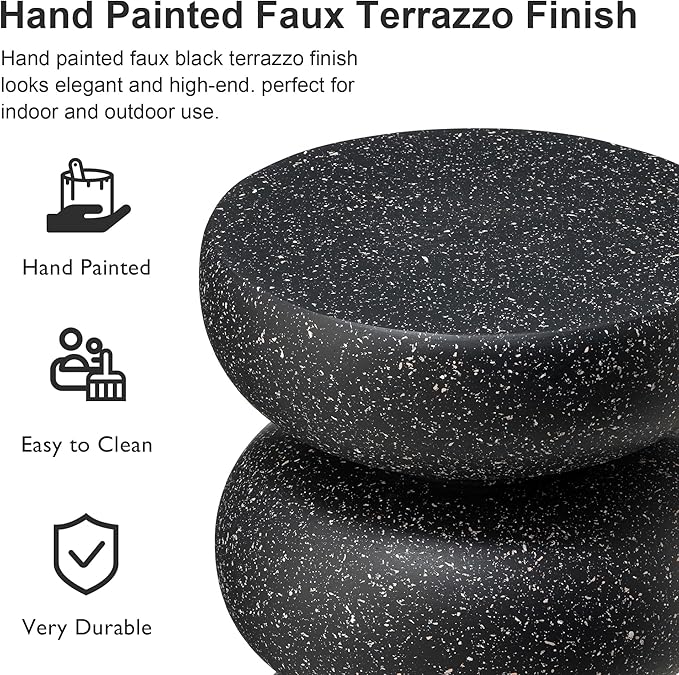 Glitzhome Outdoor Side Table, Round Small End Table with Black Geometric Terrazzo Finish MGO Hourglass Garden Stool, Set of 2 Decorative Accent Table for Living Room Planter Stand Backyard Patio Porch