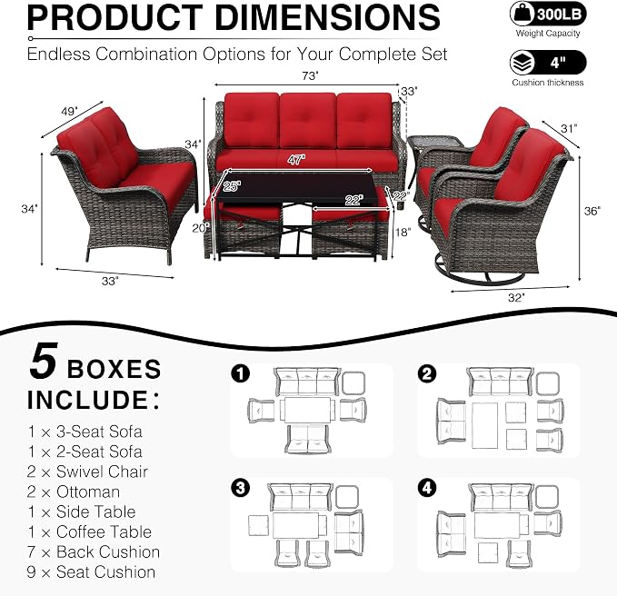 Joyside 8 Piece Wicker Patio Furniture Set, Outdoor Swivel Rocker Patio Chairs with High Back, Deep Seating, Wide Armrest, Thickened Cushions, Outdoor Furniture for Deck, Porch Use